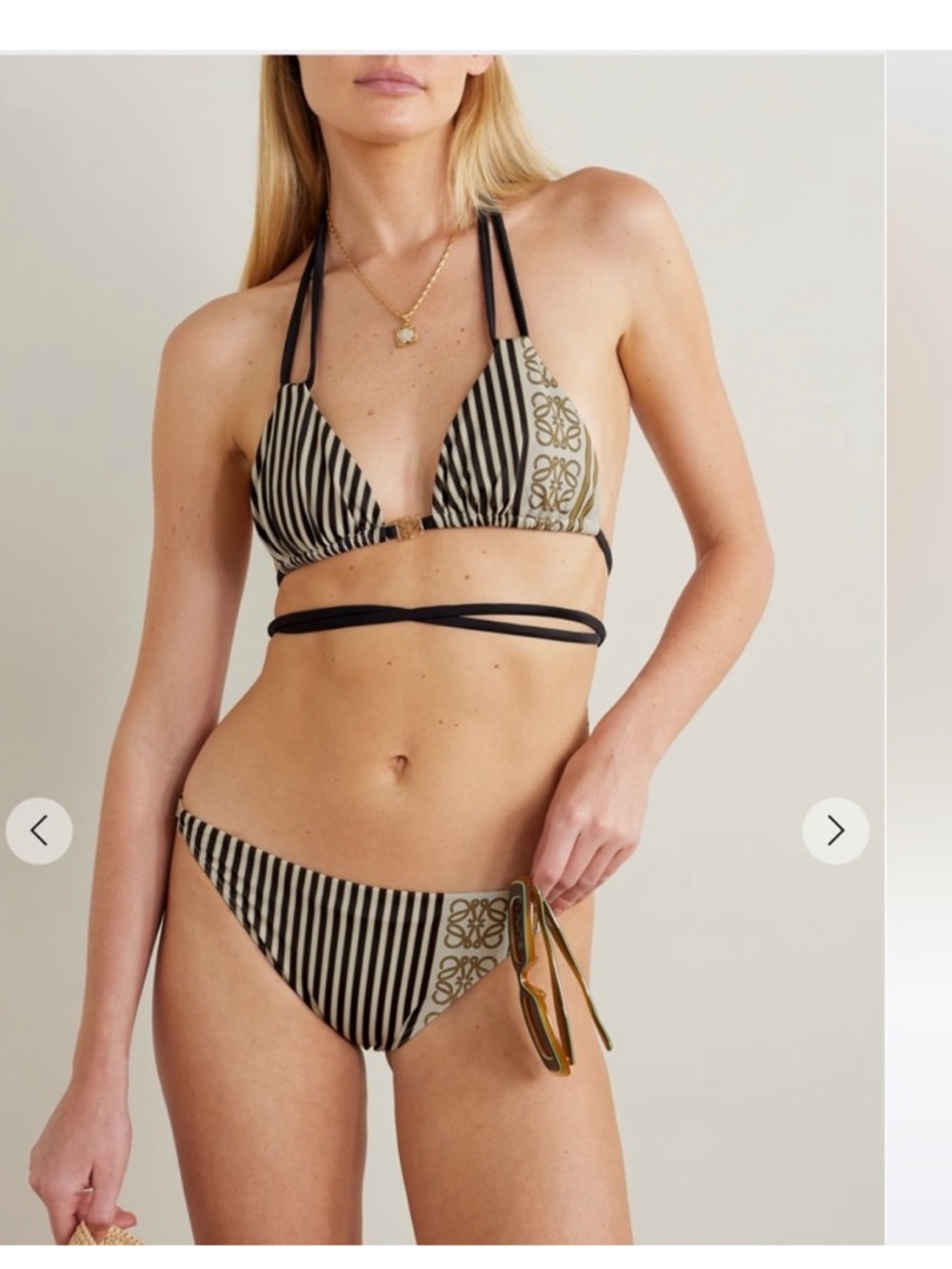 LOEWE Striped Triangle Bikini in Black and Cream with Logo Panel